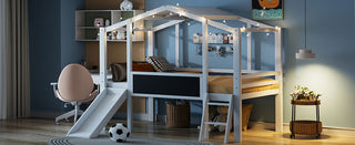 Loft House Bed With Ladder And Slide, With board And Light Strip On The Roof