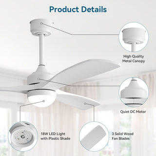 52" Ceiling Fan With Dimmable LED Light, 6 Speed DC Motor, 3 Blades