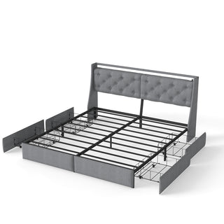 Platform Bed Frame With RGB LED Lights, Charging Station, Storage Headboard & 4 Underbed Drawers