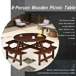 8 Person Round Picnic Table With 4 Built In Benches, Umbrella Hole For Garden - Brown