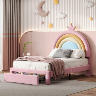 Upholstered Rainbow Design Bed, Princess Platform Bed With Storage Drawer