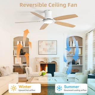 52" Flush Mount Ceiling Fan With Light, DC Motor, Remote Control, Dual Color