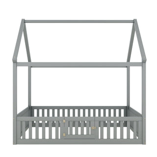 Wood House Bed With Fence And Door