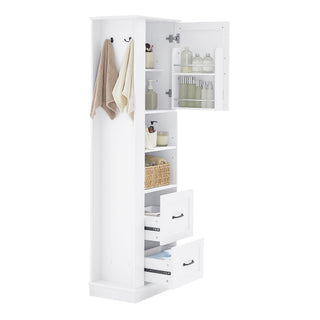 Freestanding Bathroom Storage Cabinet With Adjustable Shelves And Side Hooks Board, Rectangle Design