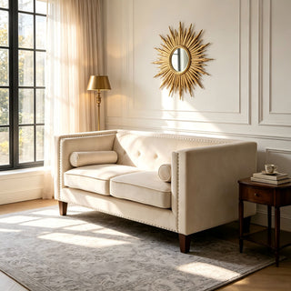 Button Tufted Square Arm Loveseat Sofa With Nailhead Trim, Upholstered 2 Seater Couch - Ivory