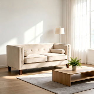 Button Tufted Square Arm Loveseat Sofa With Nailhead Trim, Upholstered 2 Seater Couch - Ivory