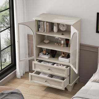 Glass Door Display Case With 2 Drawers And Adjustable Shelf