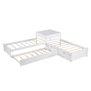 L Shaped Platform Bed With Trundle And Drawers Linked With Built In Desk