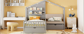 House Bed With Upholstered Sofa, Wireless Charging Station, Shelves And 2 Drawers