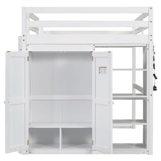 Loft Bed With Built In Wardrobe, Storage Shelves, And LED Light