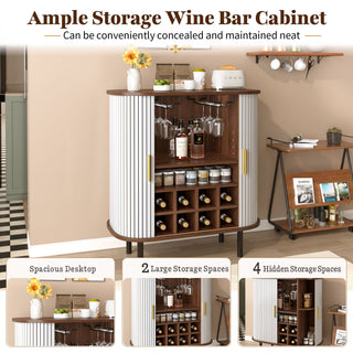 Fluted Wine Bar Cabinet With 8 Grid Wine Rack, 5 Level Adjustable Shelves, 2 Glass Holders