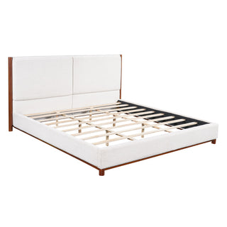 King Upholstered Bed Frame, No Box Spring Needed - Walnut / White