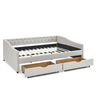 Upholstered Tufted Daybed With 2 Drawers, Waved Arms