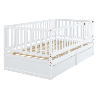 Daybed With Fence Guardrails And 2 Drawers, Split Into Independent Floor Bed & Daybed