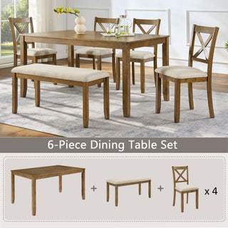 6 Piece Dining Table Set, Large Rectangular Table With Upholstered Bench & 4 X - Back Chairs, Kitchen Furniture - Oak