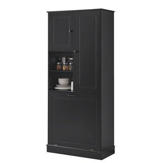 Modern Tall Storage Cabinet With Adjustable Shelves, Flip-Out Basket & Enclosed Doors