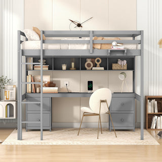 Loft Bed With Desk, Cabinets, Drawers, Charging Station And Bedside Tray