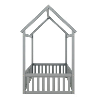 Wood House Bed With Fence And Door