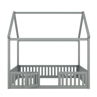 Wood House Bed With Fence And Door