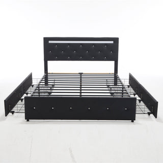 Upholstered Bed Frame With LED Lights, 4 Storage Drawers, Charging Station