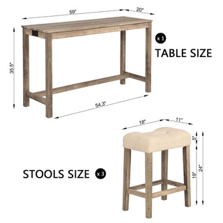 4 Piece Bar Table Set With Power Outlet, 3 Padded Stools