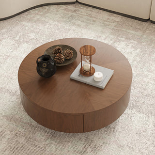 Drum Shaped Coffee Table With Hidden Storage Drawer, Low Profile For Living Room - Walnut