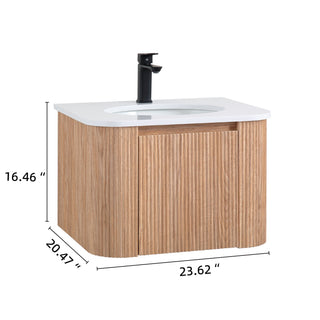 Wall Mounted Bathroom Vanity With Countertop, Sink, Curved Design With Stripe - Natural Wood