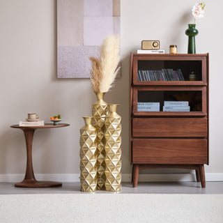 Metal Decorative Vase High Distress Metal Center Vase With 3D Triangle Pattern, (Set of 3) Vases For Home Decoration - Gold
