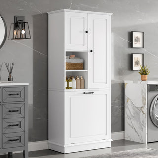 Modern Tall Storage Cabinet With Adjustable Shelves, Flip-Out Basket & Enclosed Doors