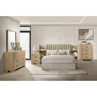 Merritt - Queen Bookcase Storage Bed With Tufted Headboard - Light Oak / Light Tan