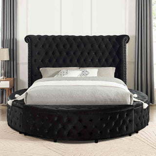 Glam Button Tufted Wingback Round Bed With Storage And USB Ports