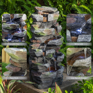 Rock Waterfall Outdoor Fountain With LED Lights - Gray