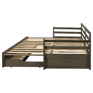 Twin Long 2 Drawer Daybed With Extendable Trundle, Storage Drawers, Fits Standard Mattress - Gray