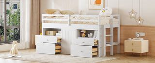 Loft Bed With 4 Drawers, Underneath Cabinet And Shelves