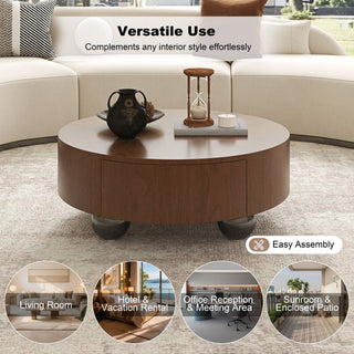Drum Shaped Coffee Table With Hidden Storage Drawer, Low Profile For Living Room - Walnut