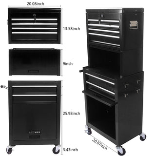 6 Drawer Lockable Tool Cabinet On Wheels, Steel Rolling Tool Chest With Detachable Toolbox
