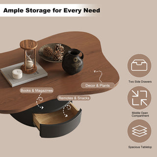 Cloud Coffee Table With 2 Drawers & Multi Layer Storage - Dark Walnut / Matt Black