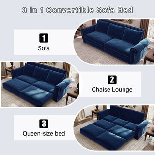 3 In 1 Convertible Sleeper Sofa With Nailhead Trim & Rolled Arm