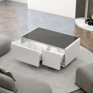 Modern Smart Coffee Table With Built-In Fridge - tooth Speaker, Wireless Charging, Touch Control Panel, USB Interface, Outlet Protection, Atmosphere Light