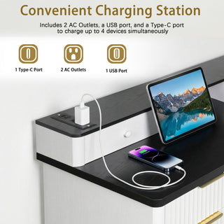 Fluted L-Shaped Desk With Charging Station & Storage Cabinet