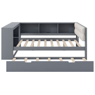 Upholstered Headboard Platform Bed With Storage Shelves, Trundle, Charging Station