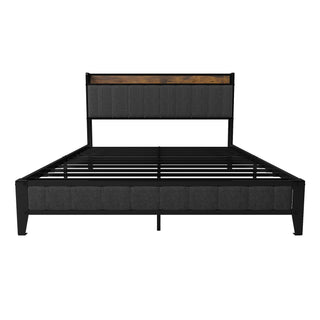 Bed With Charging Station, American Design Upholstered Headboard, Metal Platform