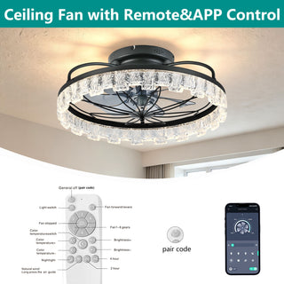 Ceiling Fan With Light, Flower Caged Ceiling Fan With Remote, LED Low Profile Ceiling Light - Matte Black