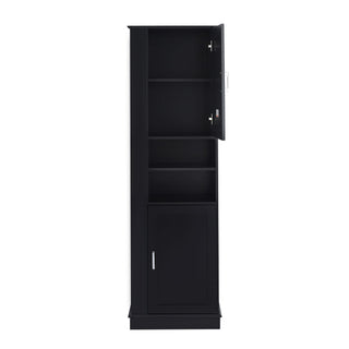 Tall Freestanding Bathroom Storage Cabinet With Adjustable Shelves And Side Hooks Board, Rectangle Design