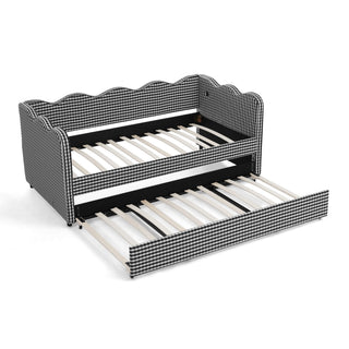 Gingham Daybed With USB Charging Port, Wave Shaped Design