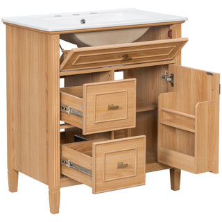 Bathroom Vanity With Sink, Flip Drawer & Adjustable Shelf - Natural