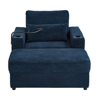 Modern Style Armchair Chaise Lounge Sofa Couch With Movable Storage Ottoman, USB Ports, Cup Holders, Phone Holder, Side Pockets