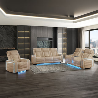 Electra - 3 Piece Power Reclining Sofa, Loveseat And Recliner Set With Power Headrests, Massage And LED Lighting