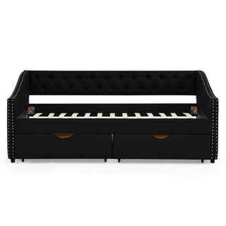 Upholstered Tufted Daybed With 2 Drawers, Waved Arms