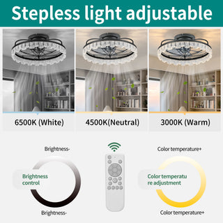 Ceiling Fan With Light, Flower Caged Ceiling Fan With Remote, LED Low Profile Ceiling Light - Matte Black